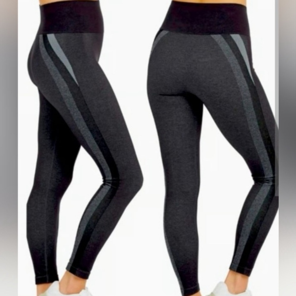 SPANX Look At Me Now Black Grey Stripe Leggings Sculpting Stretch